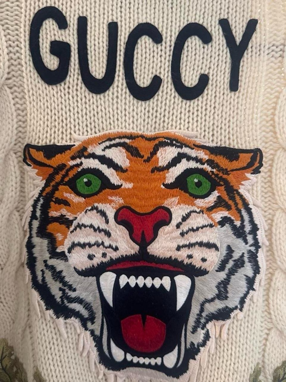 Gucci Cream Cable Knit Long Cardigan with Red & Green Trim and Yellow Patch - Picture 5 of 8
